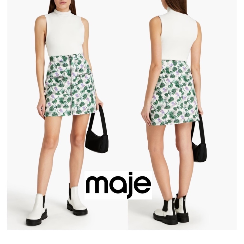 NWOT Maje Jizer Leaf/Floral Print Mini Skirt with Exposed Front Zip Size S